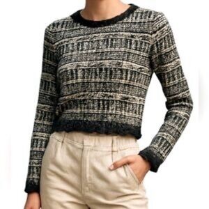 House of Harlow 1960 Tweed-Knit Cropped Sweater Sz Small Scalloped Black White